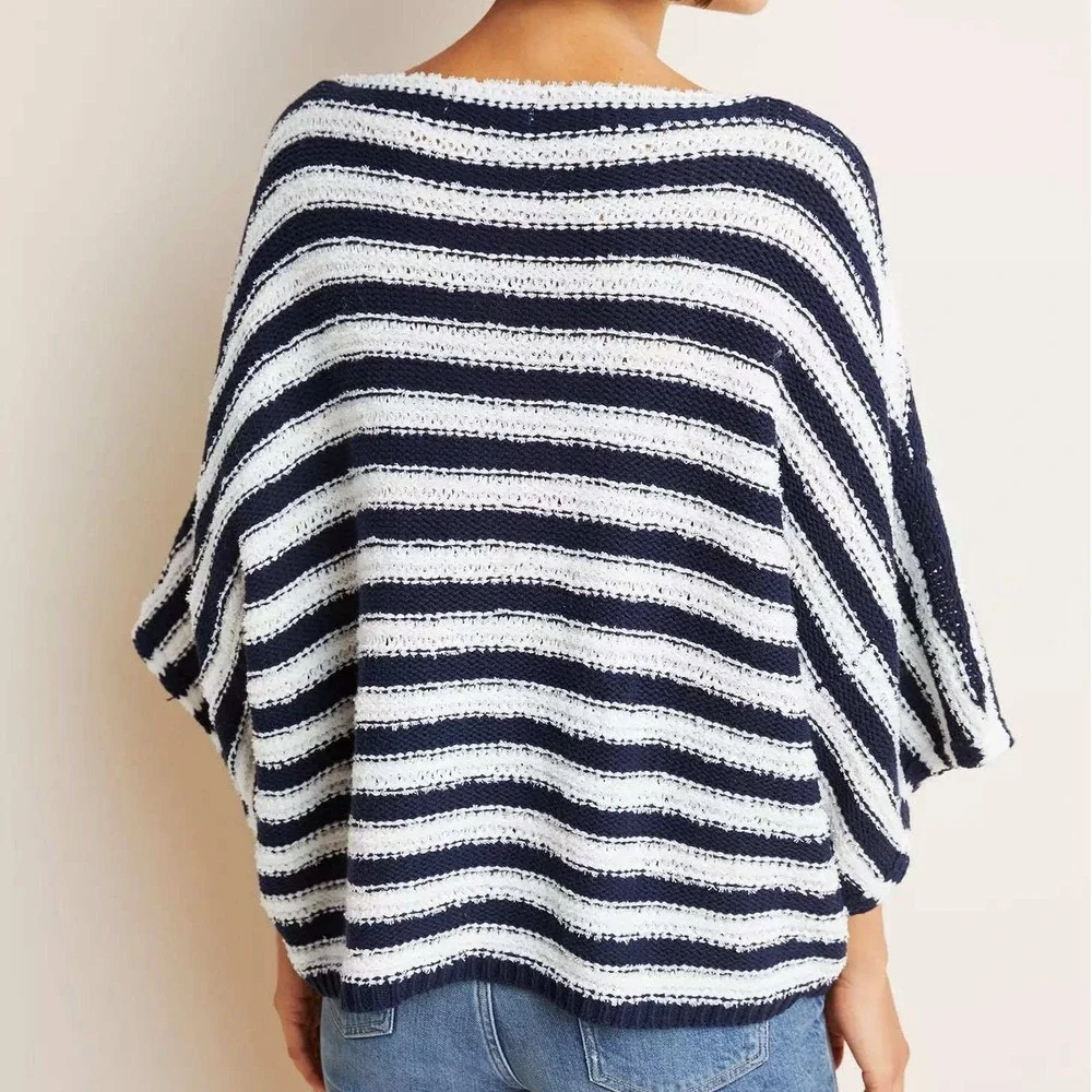 Anthropologie Evie Poncho Striped Sweater XS/S Navy White Textured Knit Boxy‎